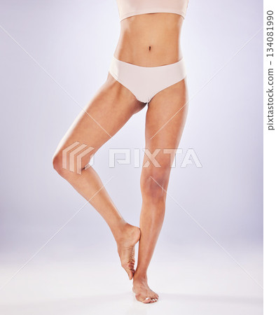 Body, underwear or legs of a woman natural model with smooth skin isolated in studio white background. Weight loss mockup space, girl or female stomach for healthcare, fitness and diet nutrition Body, underwear or legs of a woman natural model with smooth skin isolated in studio white background. Weight loss mockup space, girl or female stomach for healthcare, fitness and diet nutrition 134081990
