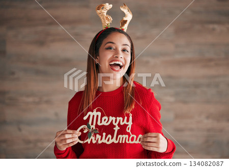 Christmas, decoration and portrait of woman with motivation holding xmas sign. Wow, excited and isolated happy female with celebration and a smile from winter festive, celebrating and youth happiness 134082087