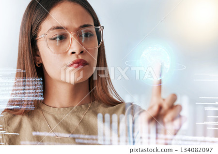 Hologram screen, coding and business woman with digital data feeling serious in a office. Employee, earth graphic and global web information of a female planning with international stock market info 134082097