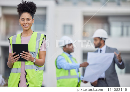 Engineer portrait, tablet and smile of woman at construction site for development in city. Architecture, technology and happy female architect with touchscreen for web scrolling or research online. 134082146