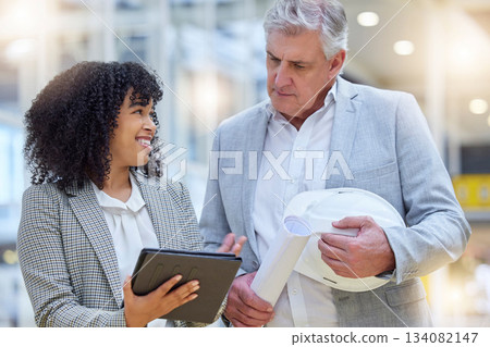 Architect manager, tablet and collaboration teamwork on real estate property, architecture engineering or project site. Digital design review, diversity and people planning remodeling development 134082147