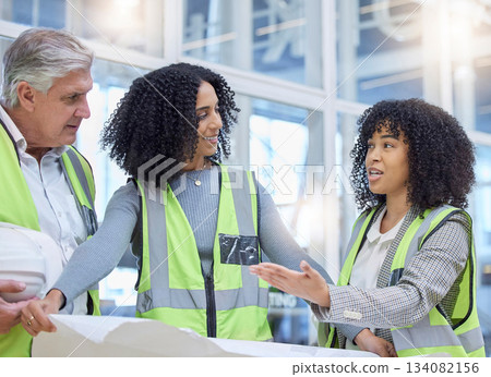 Architect discussion, blueprint and planning teamwork on real estate property, architecture engineering or project site. Construction worker, diversity and people review infrastructure development 134082156