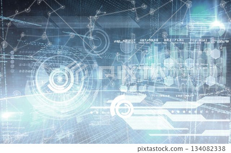 Large translucent HUD chart floating above 3D grid with binary code, bar graphs, hex network nodes 134082338