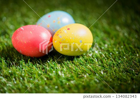 Easter eggs on grass in garden 134082343