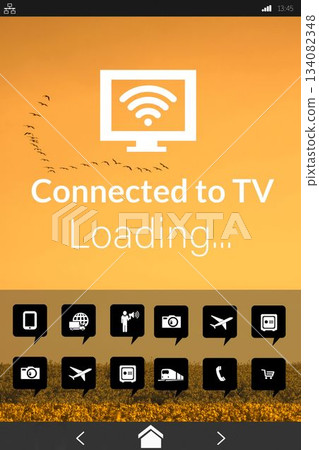 Various icons with text on device screen 134082348