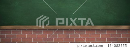 Green chalkboard is being shown in flat design wall with wooden frame, ledge and red brick 134082355
