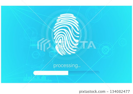 Stylized white fingerprint icon is loading on flat UI interface with progress bar and data lines Stylized white fingerprint icon is loading on flat UI interface with progress bar and data lines 134082477