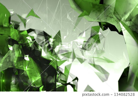 Displaying flat design floating green and black shards linked via white mesh with glowing nodes Displaying flat design floating green and black shards linked via white mesh with glowing nodes 134082528