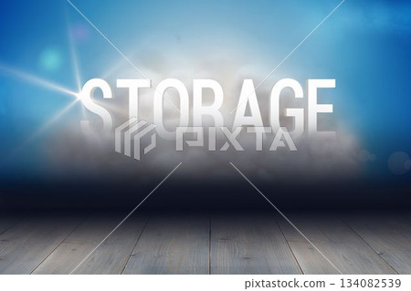 Showing floor to platform under blue gradient with rising mist and lensflare on white STORAGE text Showing floor to platform under blue gradient with rising mist and lensflare on white STORAGE text 134082539