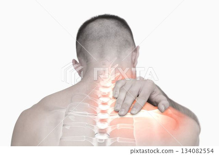 Highlighted shoulder pain of man Highlighted shoulder pain of man 134082554