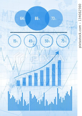 Flat dashboard is presenting percent circles, bar chart with rising line over grid and world map 134082560
