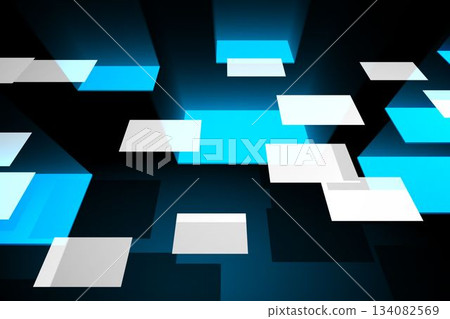 Floating translucent white and cyan panels are creating holographic grid in dark gradient 3D render Floating translucent white and cyan panels are creating holographic grid in dark gradient 3D render 134082569