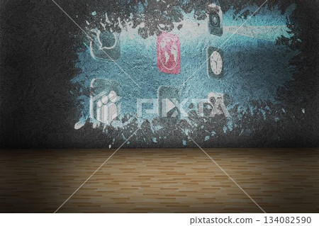 Splash on wall revealing technology interface Splash on wall revealing technology interface 134082590