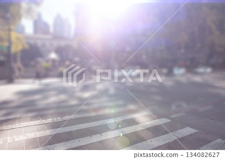 Pedestrian crossing stripes are spanning asphalt in flat style, showing sunlit park entrance 134082627