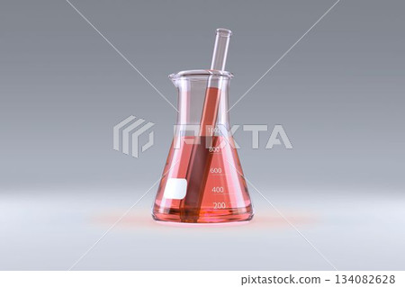 Laboratory flask with red solution 134082628