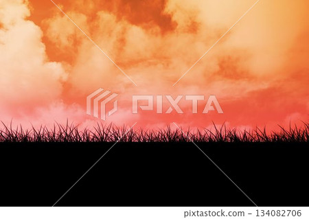 Silhouetted grass blades are swaying in flat design meadow with clouds under gradient sunset sky Silhouetted grass blades are swaying in flat design meadow with clouds under gradient sunset sky 134082706