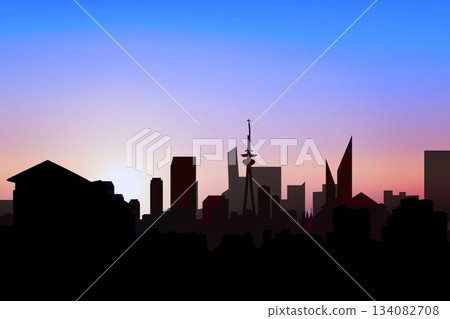 Flat design city skyline silhouette is rising over transparent background under sunrise gradient Flat design city skyline silhouette is rising over transparent background under sunrise gradient 134082708
