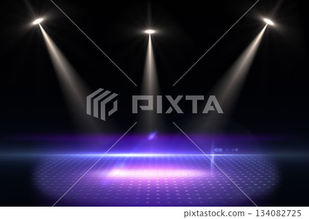3D-render spotlights converging on circular-pattern stage floor glowing purple-blue with lens flare 3D-render spotlights converging on circular-pattern stage floor glowing purple-blue with lens flare 134082725