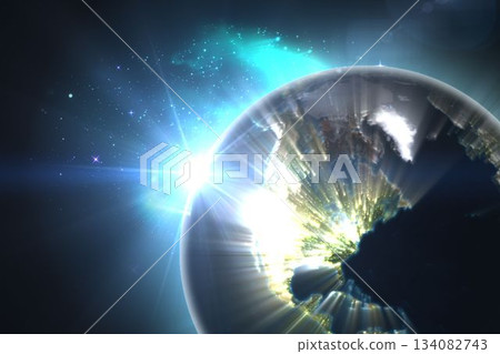 3D render showing Earth orbiting sun, glowing city lights, lens flares, nebula glow and starfield 134082743