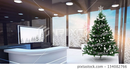 Festively decorated corporate lobby is showcasing flat design, with Christmas tree and LED desk 134082766
