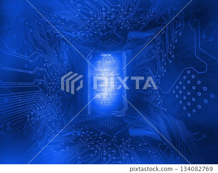 Shiny blue key on circuit board 134082769