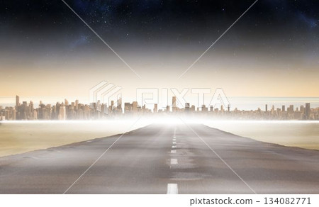 Asphalt road is stretching toward city skyline over misty water and starry sky in flat design Asphalt road is stretching toward city skyline over misty water and starry sky in flat design 134082771