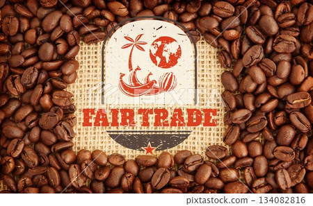 Flat-lay composition is showing fair trade emblem on burlap with coffee beans around edges Flat-lay composition is showing fair trade emblem on burlap with coffee beans around edges 134082816