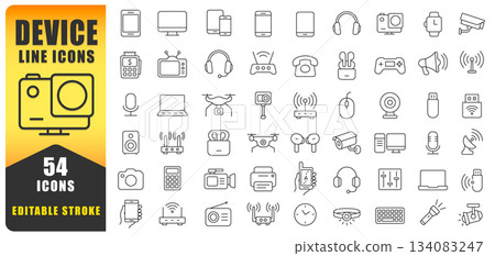 Device Line Icon Set. Electronic Devices And Gadgets Icons For Web, Mobile App. Smart Devices, Drone, Technology, Smartphone, Tablet, Laptop. Editable Stroke Isolated Vector Icons. 134083247