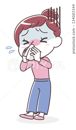 一幅女性擤鼻涕(感冒/流鼻涕)的插圖 一幅女性擤鼻涕(感冒/流鼻涕)的插圖 134083344