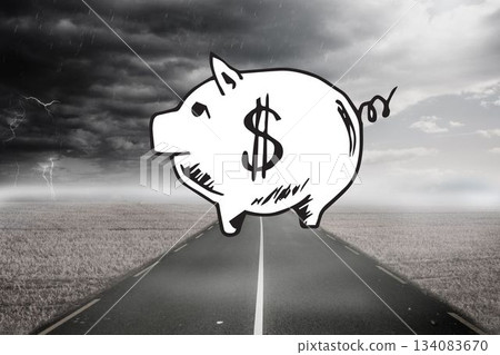 Piggy bank over street and stormy sky Piggy bank over street and stormy sky 134083670