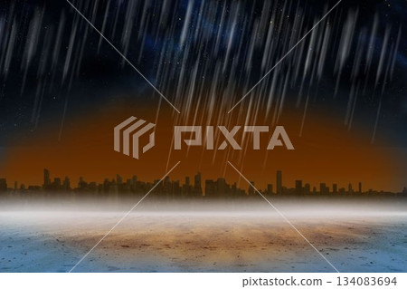 Meteor shower is streaking in flat design over barren plain starry night sky, with city silhouette Meteor shower is streaking in flat design over barren plain starry night sky, with city silhouette 134083694