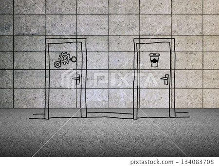 Doors with cogwheels graphic on grey background 134083708