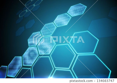 Black background with shiny hexagons 134083747
