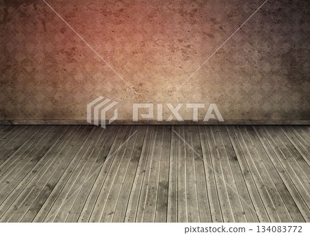 Flat design room illustration is showing worn plank floor with peeling wallpaper in muted tones 134083772
