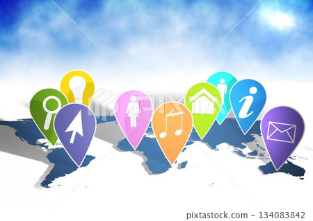 Nine colorful icon pins are floating above flat design blue world map with gradient sky Nine colorful icon pins are floating above flat design blue world map with gradient sky 134083842