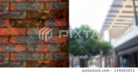 Split scene is showing flat design, featuring red brick wall and covered walkway with potted tree 134083853