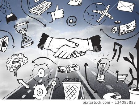 Black white graphics over streets in sky Black white graphics over streets in sky 134083882