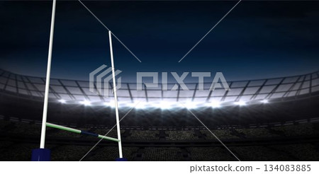 Flat design showing floodlights lighting rugby posts with green-blue crossbar, seating during night Flat design showing floodlights lighting rugby posts with green-blue crossbar, seating during night 134083885