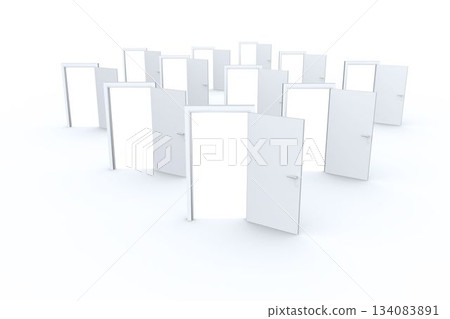 Single freestanding white door is opening in flat design, with open silver-handled doors receding Single freestanding white door is opening in flat design, with open silver-handled doors receding 134083891