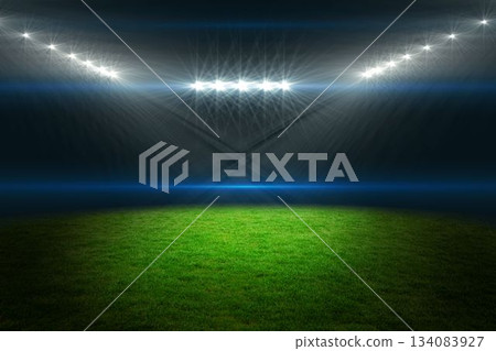 Flat design green grass pitch glowing under curved floodlights, showing light beams and blue flares Flat design green grass pitch glowing under curved floodlights, showing light beams and blue flares 134083927