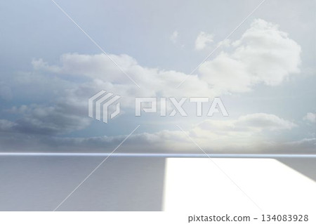 Flat minimal illustration is showing white floor meeting blue sky under rectangular sunlight beam 134083928
