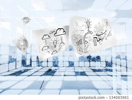 Sheets with graphics on futuristic background Sheets with graphics on futuristic background 134083981