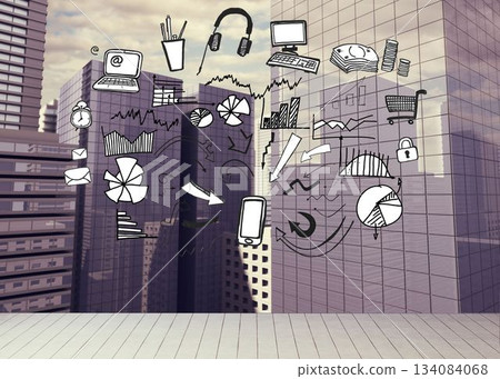 Drawn graphic on cityscape background 134084068