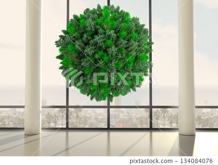 Green natural ball floating in front of windows Green natural ball floating in front of windows 134084076