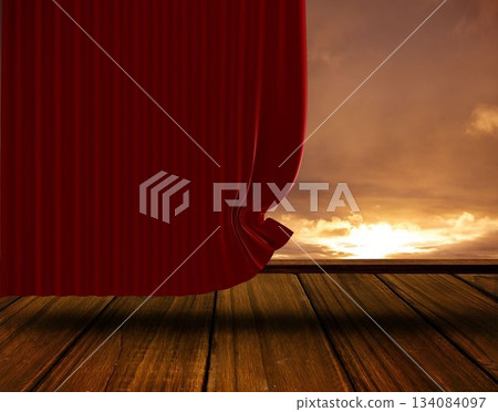 Red velvet curtain is drawing open on stage floor in flat design, revealing glowing sunset sky Red velvet curtain is drawing open on stage floor in flat design, revealing glowing sunset sky 134084097