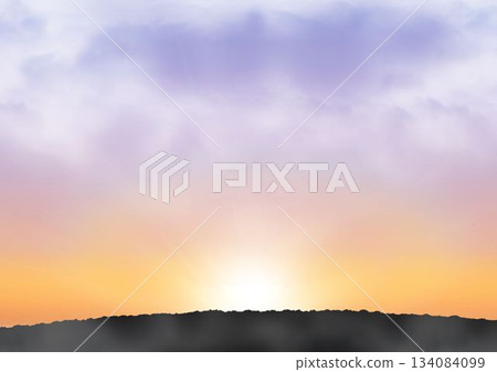 Bright sun orb is rising over silhouetted hills in flat design with gradient sky, wispy clouds 134084099