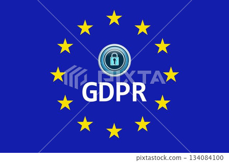 GDPR emblem is shining in flat illustration on deep blue background with yellow stars and padlock GDPR emblem is shining in flat illustration on deep blue background with yellow stars and padlock 134084100
