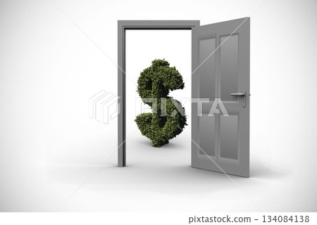 Topiary of dollar sign seen through door 134084138