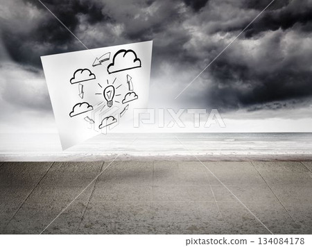 Sheet with graphic over sky on wall 134084178