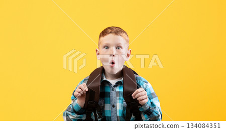 Amazed redhead schoolboy with backpack showing shocking face expression over yellow studio background, empty space. Cute ginger kid with eyes and mouth wide open looking at camera 134084351